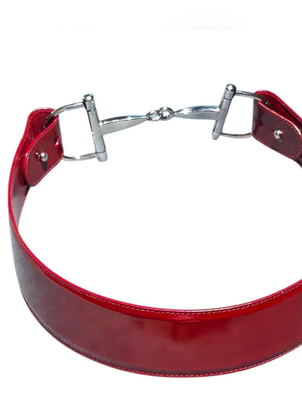 Gucci Red Patent Leather Horsebit Waist Belt with Silver Hardware